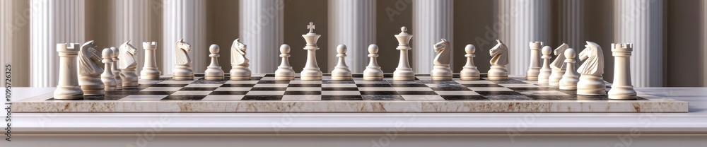 Poster A chessboard set up with intricately designed pieces ready for a game.