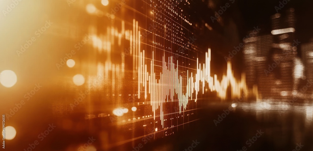 Aufkleber Abstract visualization of sound waves against a city backdrop, emphasizing technology and data.