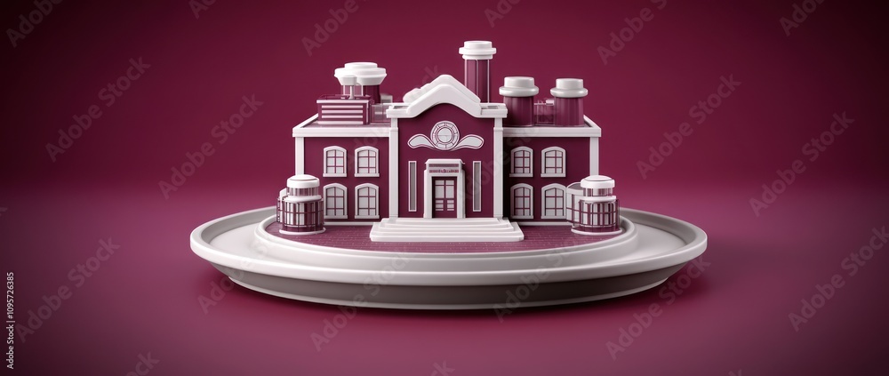 Poster a stylized model of a building displayed on a plate against a maroon background.