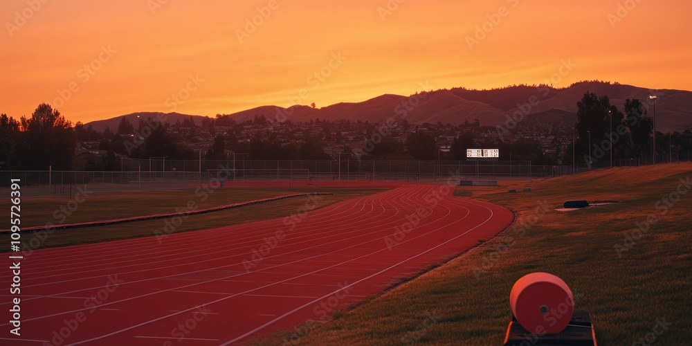 Poster a serene sunset view over a running track with distant hills and a peaceful atmosphere.