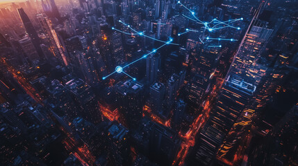 Obraz premium Smart digital Innovation city with connection network reciprocity over the cityscape. of future smart wireless digital city and social media networking systems that connects people with in city