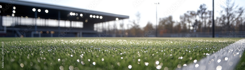 Poster a close-up view of an artificial turf sports field with a modern facility in the background.