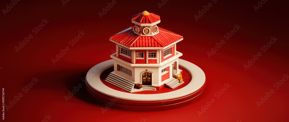 Poster A stylized model of a building with a red roof and white walls on a circular base.