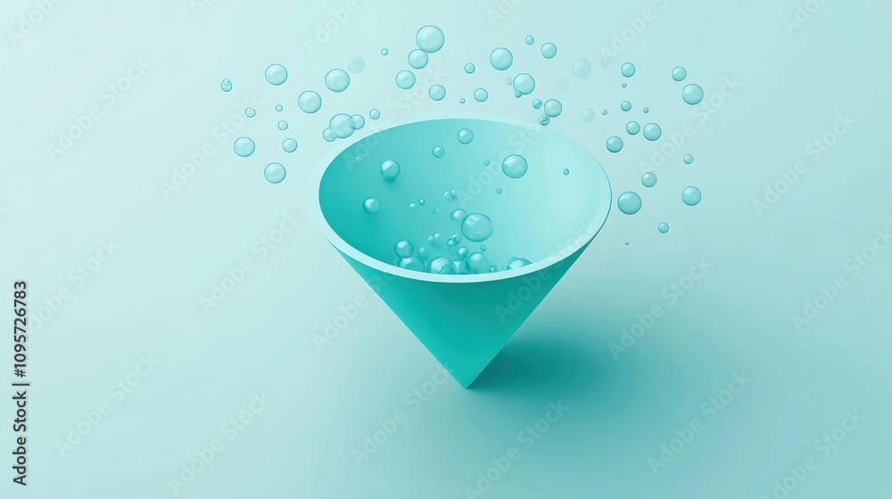 Poster A turquoise cone-shaped bowl with bubbles floating above it, creating a serene atmosphere.