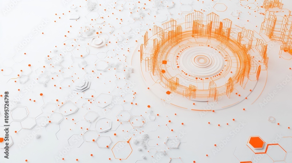 Poster Abstract graphic featuring interconnected shapes and patterns in orange and white.