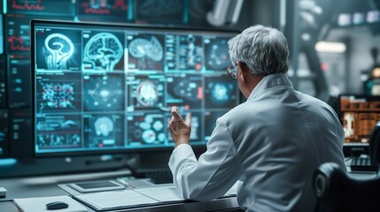 Scientist Engaged in Analyzing Brain Data on Multiple Screens in Advanced Laboratory