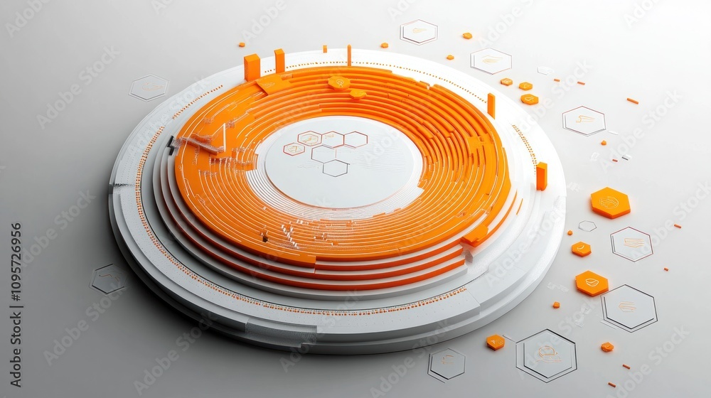 Poster Abstract circular design with orange and white elements, resembling a data visualization.