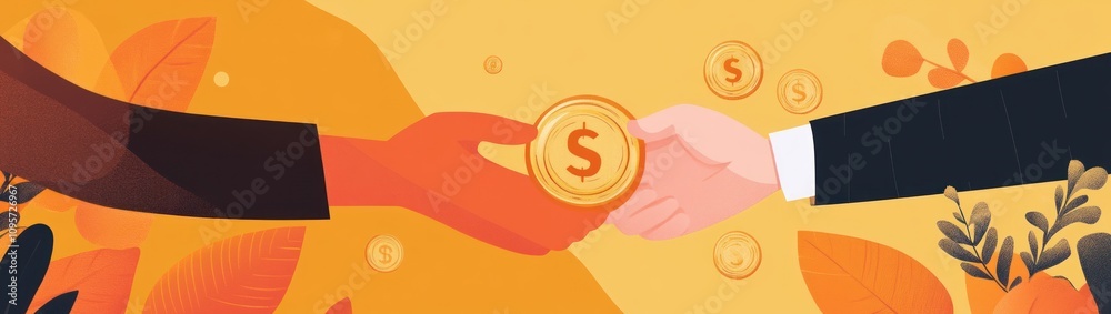 Poster two hands exchanging a coin, symbolizing financial transactions and cooperation.