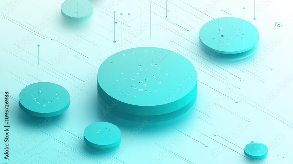 Poster Abstract digital design featuring circular shapes and lines in a cool color palette.