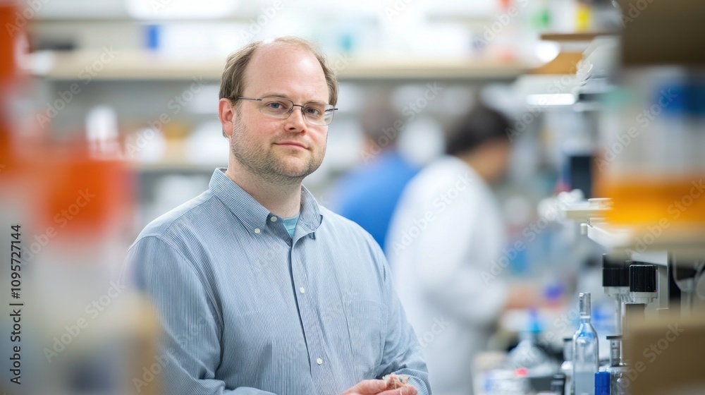 Poster a scientist in a laboratory setting, engaged in research amidst various lab equipment.