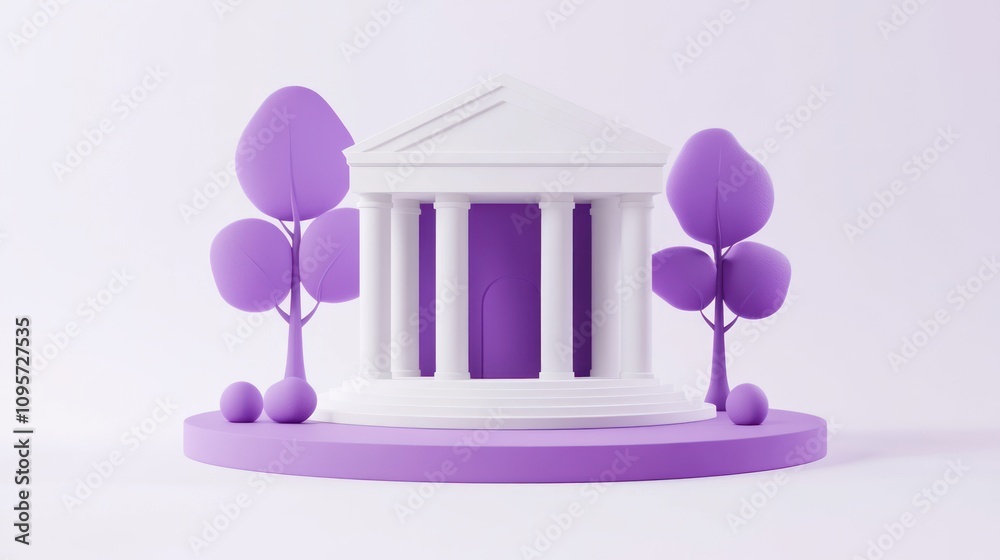 Leinwandbilder A minimalist 3D representation of a classical building with stylized trees and a circular base.