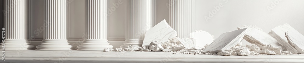 Poster A scene featuring broken classical columns and architectural fragments on a white surface.