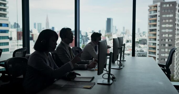 Business people, communication and pc for call center, consulting and feedback with customer service. Agent, headset and computer for telemarketing, technical support and help desk with crm in Japan