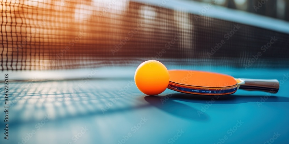 Poster a close-up of a ping pong paddle and ball on a table, highlighting a sports setting.
