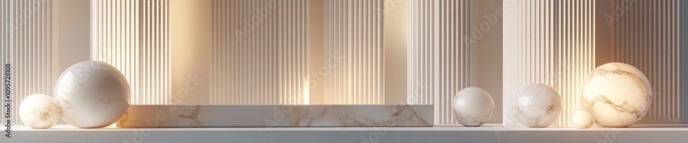Aufkleber a minimalist display featuring marble spheres and a textured backdrop with soft lighting.