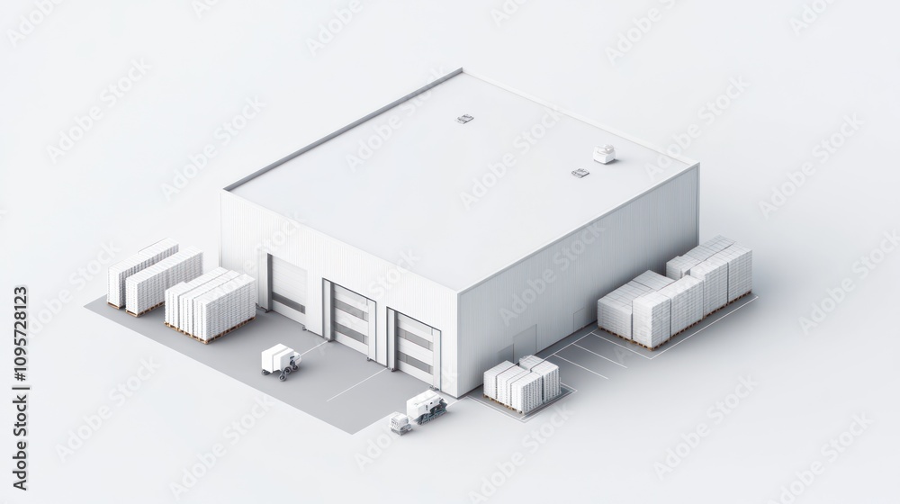 Poster A minimalist warehouse structure with loading docks and delivery trucks.