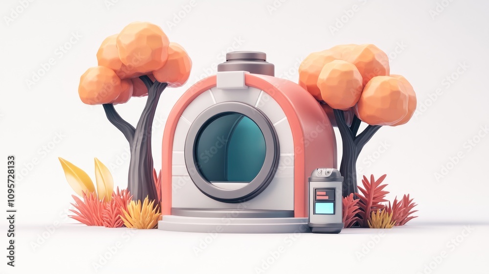 Poster a stylized, colorful building with a large circular window, surrounded by trees and plants.