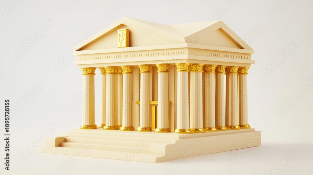 Poster A stylized representation of a classical building with columns and steps.