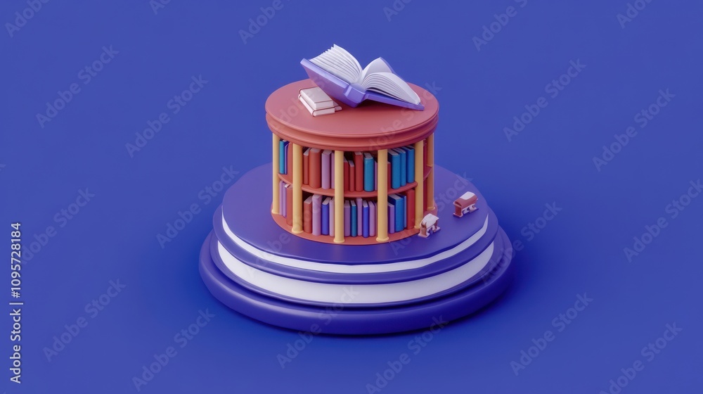 Poster A colorful 3D representation of a bookshelf with an open book on top.