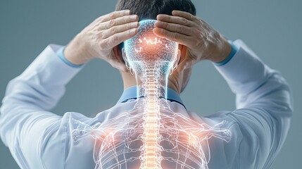 Back pain reduce concept. A person holds their head in discomfort, revealing an illuminated spine, suggesting a focus on neck pain and spinal health.