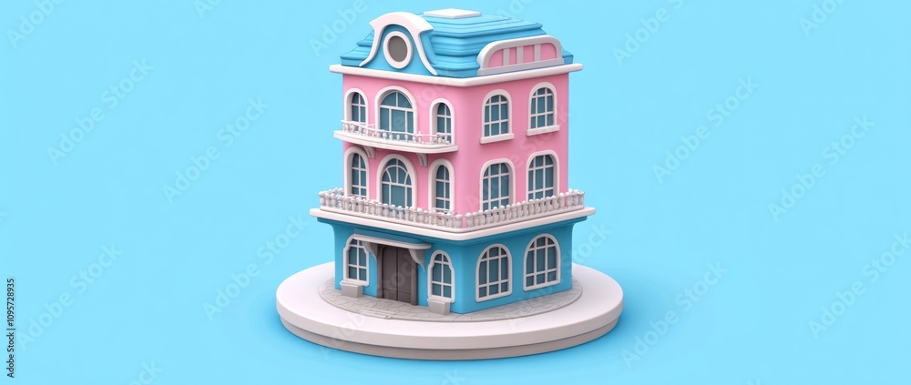 Poster a colorful, stylized three-story building model with a playful design.