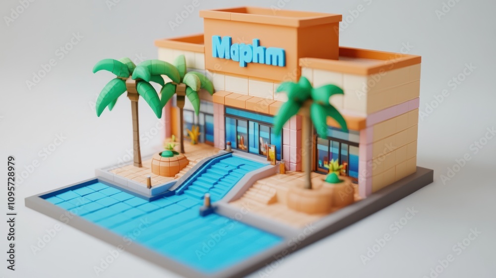 Poster A colorful model of a modern building with palm trees and a water feature.