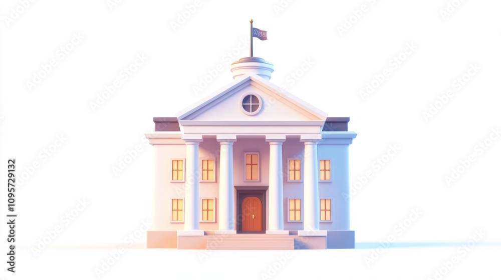 Poster a stylized illustration of a government building with columns and a flag.