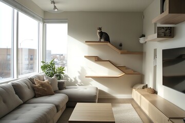 モダンなリビングルームとキャットウォールでくつろぐ猫 | Modern Living Room with Cat Relaxing on Custom Cat Wall