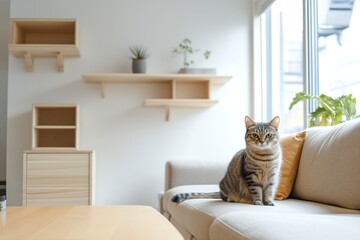 モダンなリビングルームとキャットウォールでくつろぐ猫 | Modern Living Room with Cat Relaxing on Custom Cat Wall