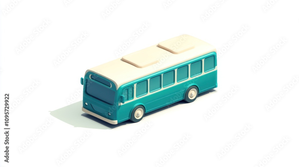 Poster A stylized, turquoise bus model designed for visual representation or animation.