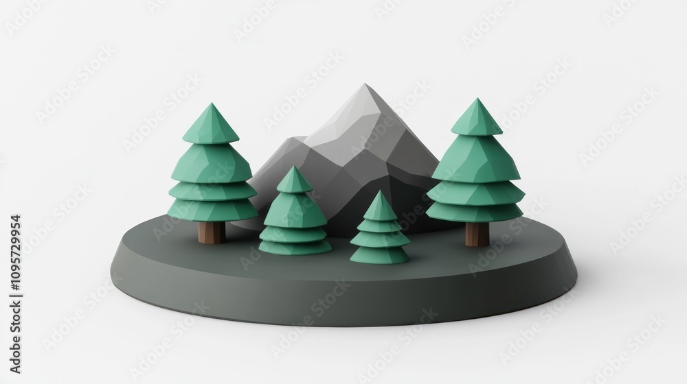 Aufkleber a stylized 3d scene featuring trees and mountains on a circular base.
