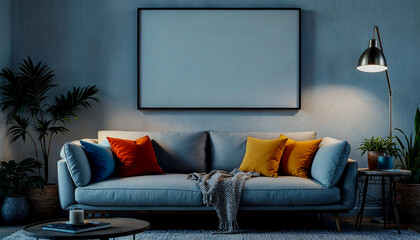 A minimalist living room with a blank two framed wall, a gray sofa, a wooden side table with decorative items, and a floor lamp (2)