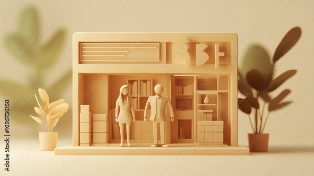 Poster a minimalist display featuring two figures in a stylized environment with shelves and plants.