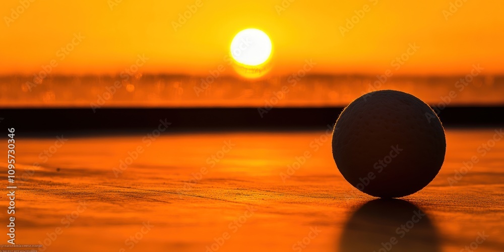 Poster a serene sunset with a ball in the foreground, emphasizing tranquility and leisure.