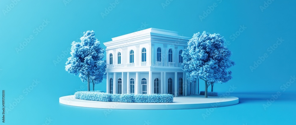 Poster a stylized white building surrounded by blue trees on a circular base.