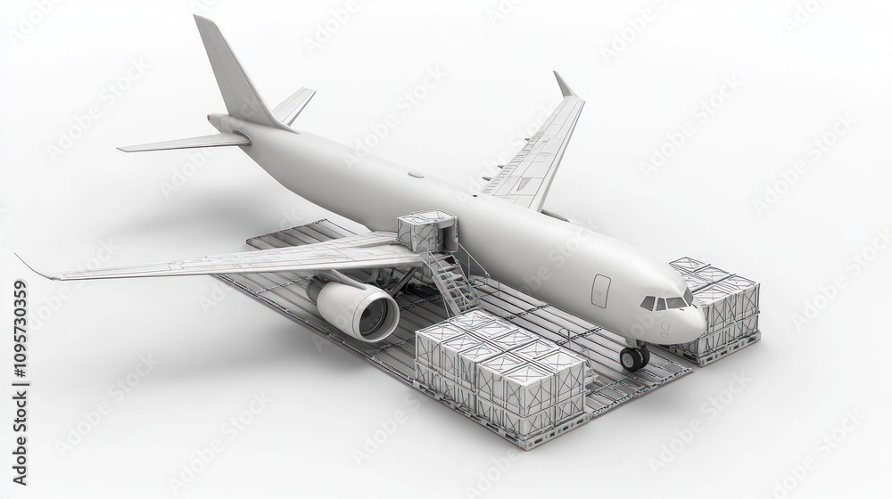 Poster A cargo airplane on a loading platform with stacked containers.