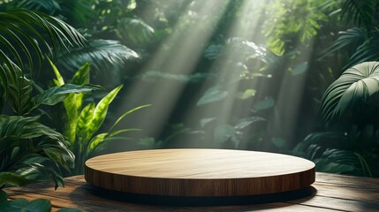 Wooden Podium in a Tropical Forest with Warm Diffused Light from Above, Perfect for Natural Product Presentation and Eco-Friendly Advertising Concepts