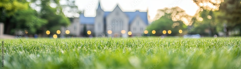 Poster A blurred view of grass in the foreground with a building in the background.