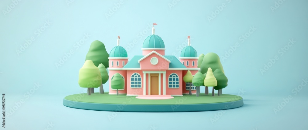 Poster a whimsical, colorful building with domes and trees in a playful design.
