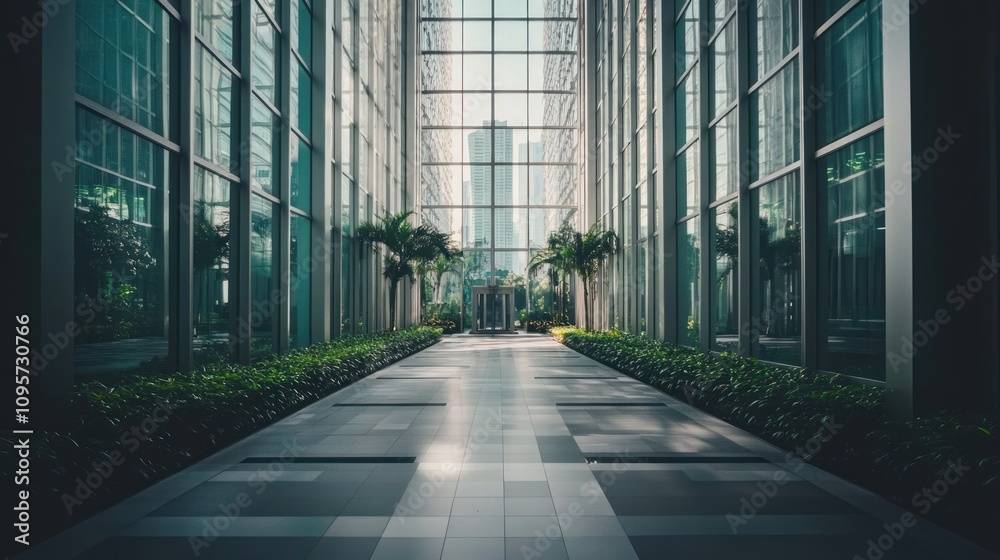 Poster A modern glass atrium with greenery and a sleek pathway, inviting exploration and tranquility.