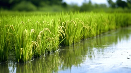 Obraz premium Rice plants in paddy field with water reflection, agricultural scene