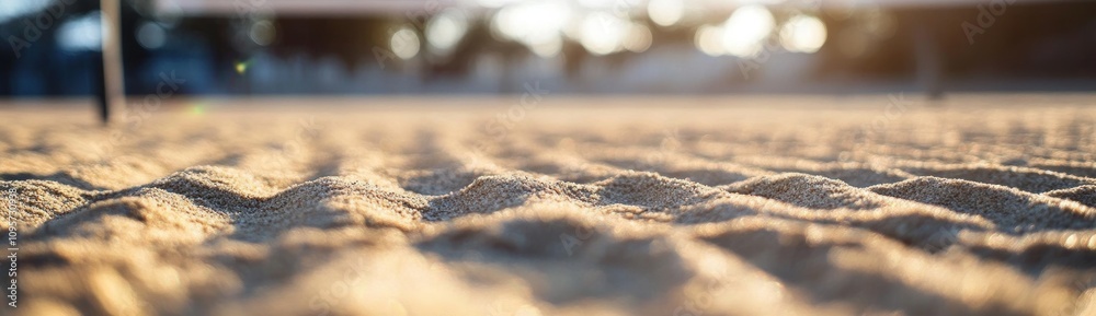 Poster close-up of sandy ground with soft textures, illuminated by warm sunlight.