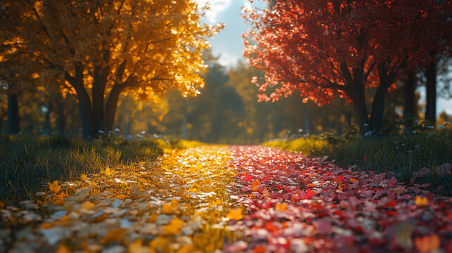 A captivating dual-season forest path, ideal for seasonal marketing, nature-themed designs, or events celebrating spring and autumn.