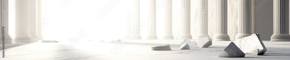 Poster a serene space with light illuminating broken marble fragments amidst classical columns.