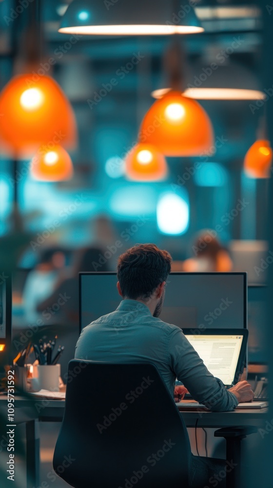 Poster a person working at a computer in a modern office with warm lighting.