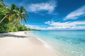 Fototapeta premium Tropical beach with white sand and turquoise water under a clear blue sky with palm trees on the left side.