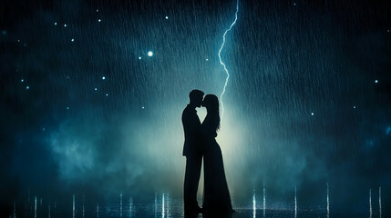 A couple embraces passionately in the rain, illuminated by striking lightning in a romantic nighttime setting
