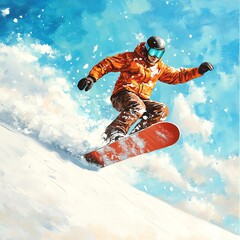Snowboarder performing a trick on a snowy slope against a bright blue sky.