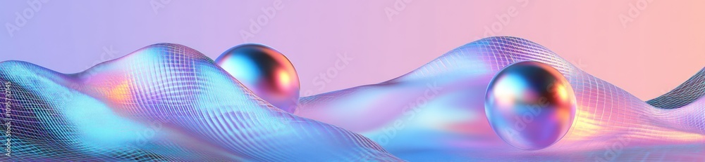 Poster abstract digital landscape with colorful waves and reflective spheres.