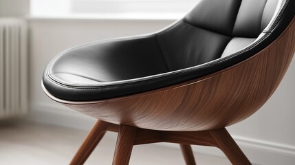 Modern minimalist black leather lounge chair with wooden legs, featuring a soft seat for ultimate comfort and sleek contemporary style, perfect for elegant and stylish interiors.